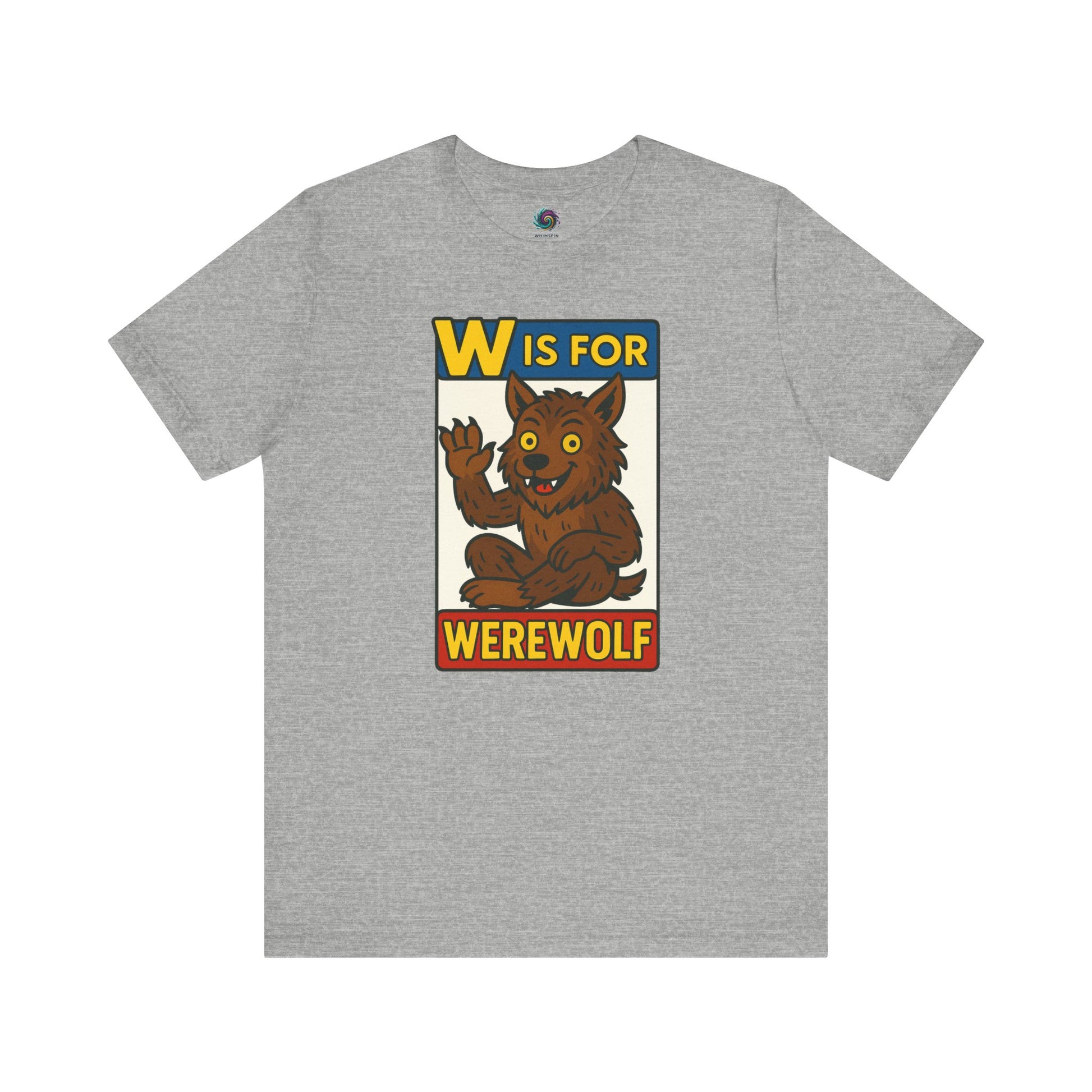 W is for Werewolf T-Shirt in athletic heather, featuring a cute cartoon werewolf and retro font