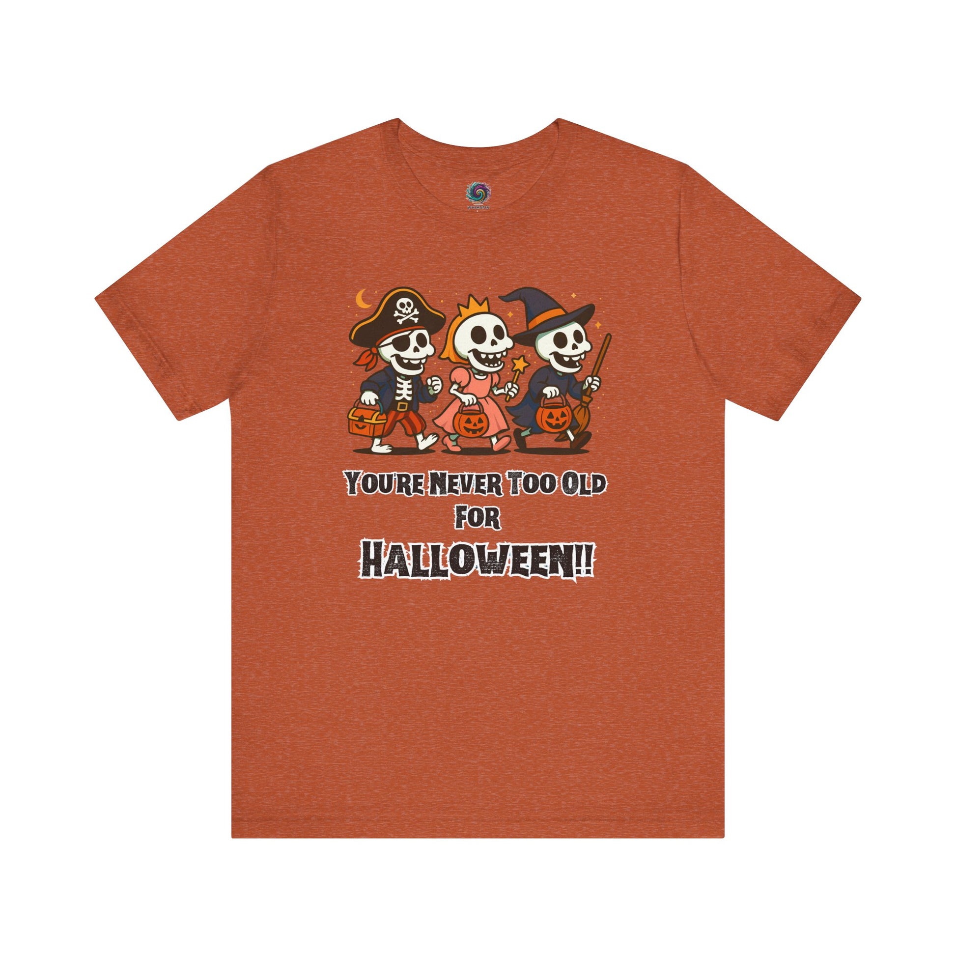 Never Too Old for Halloween T-Shirt – Funny Adult Halloween Shirt in heather autumn, flat laid to emphasize the cozy seasonal palette and skeleton design.