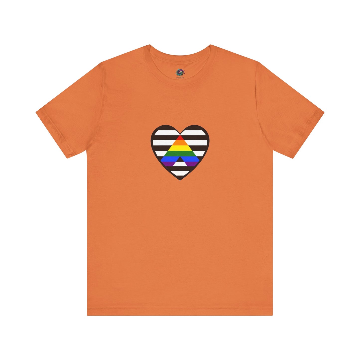 Heart Ally Flag T-Shirt – Subtle LGBTQ+ Support with Bold Pride in burnt orange, blending seasonal tones with a bold straight ally flag heart for LGBTQ+ visibility.