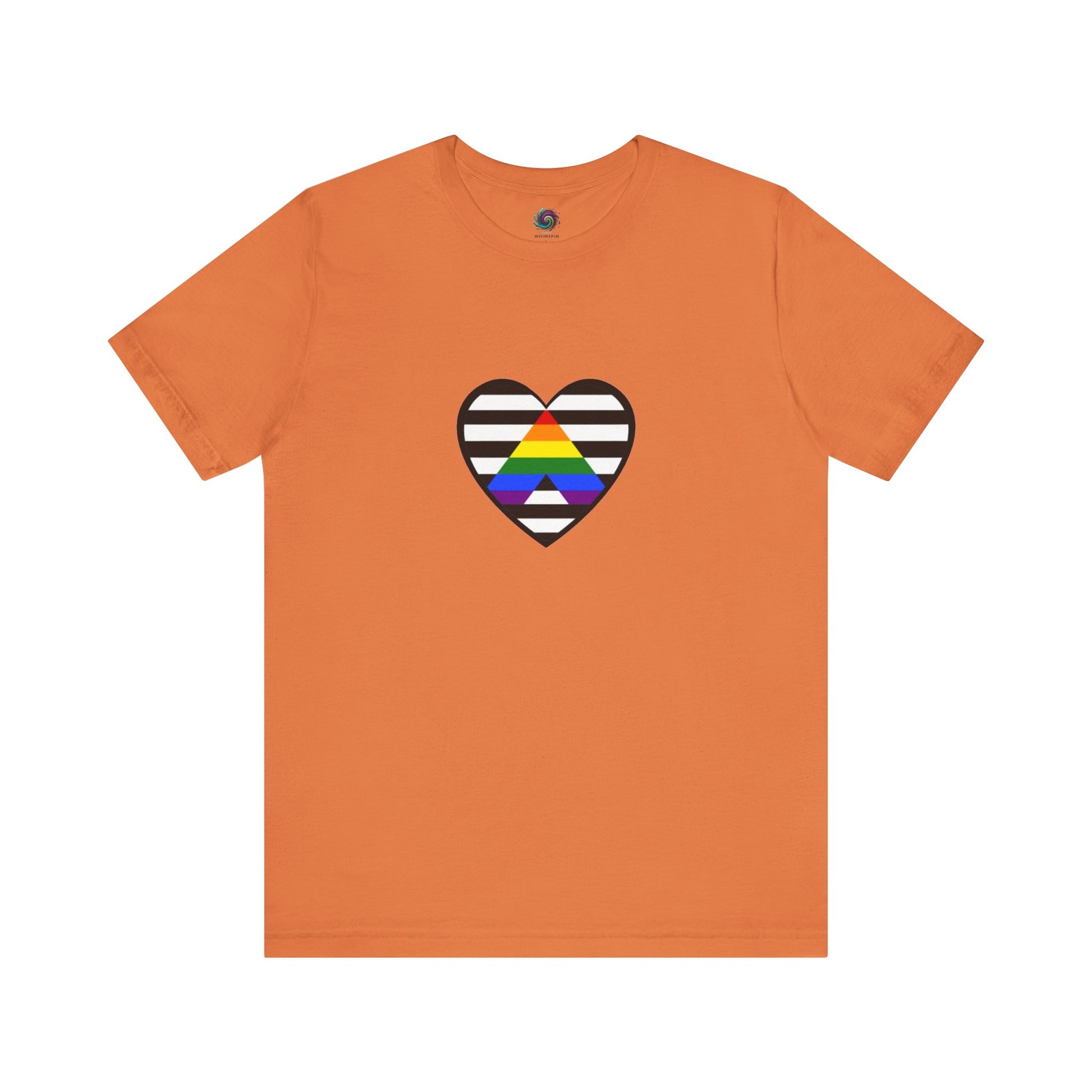 Heart Ally Flag T-Shirt – Subtle LGBTQ+ Support with Bold Pride in burnt orange, blending seasonal tones with a bold straight ally flag heart for LGBTQ+ visibility.