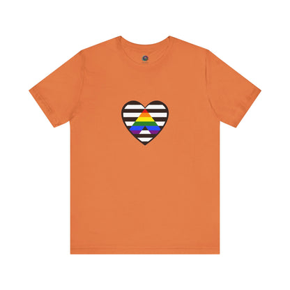 Heart Ally Flag T-Shirt – Subtle LGBTQ+ Support with Bold Pride in burnt orange, blending seasonal tones with a bold straight ally flag heart for LGBTQ+ visibility.