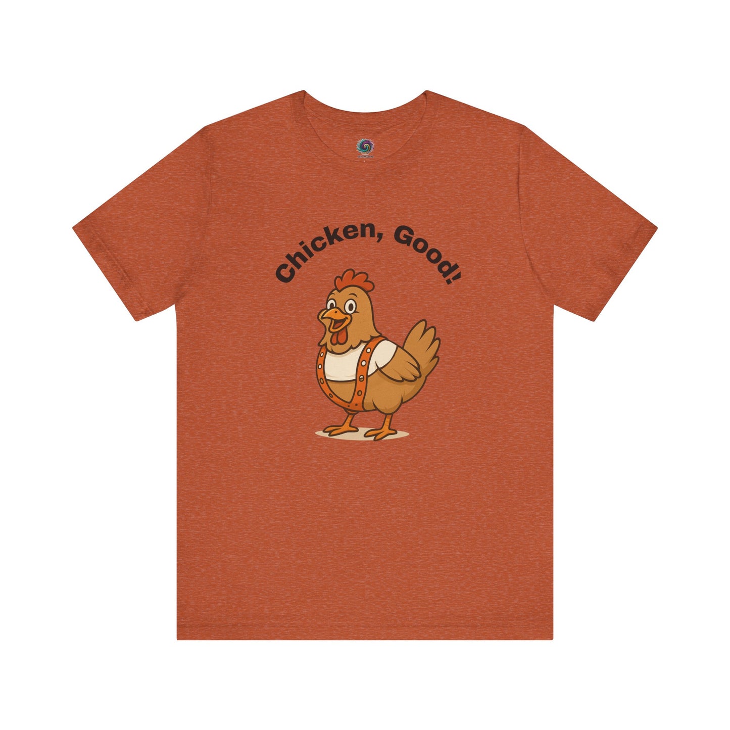 Chicken Good T-Shirt – Sci-Fi Divine Being Parody Chicken Tee in warm heather autumn color with quirky illustrated sci-fi inspired chicken wearing a white shirt and orange suspenders
