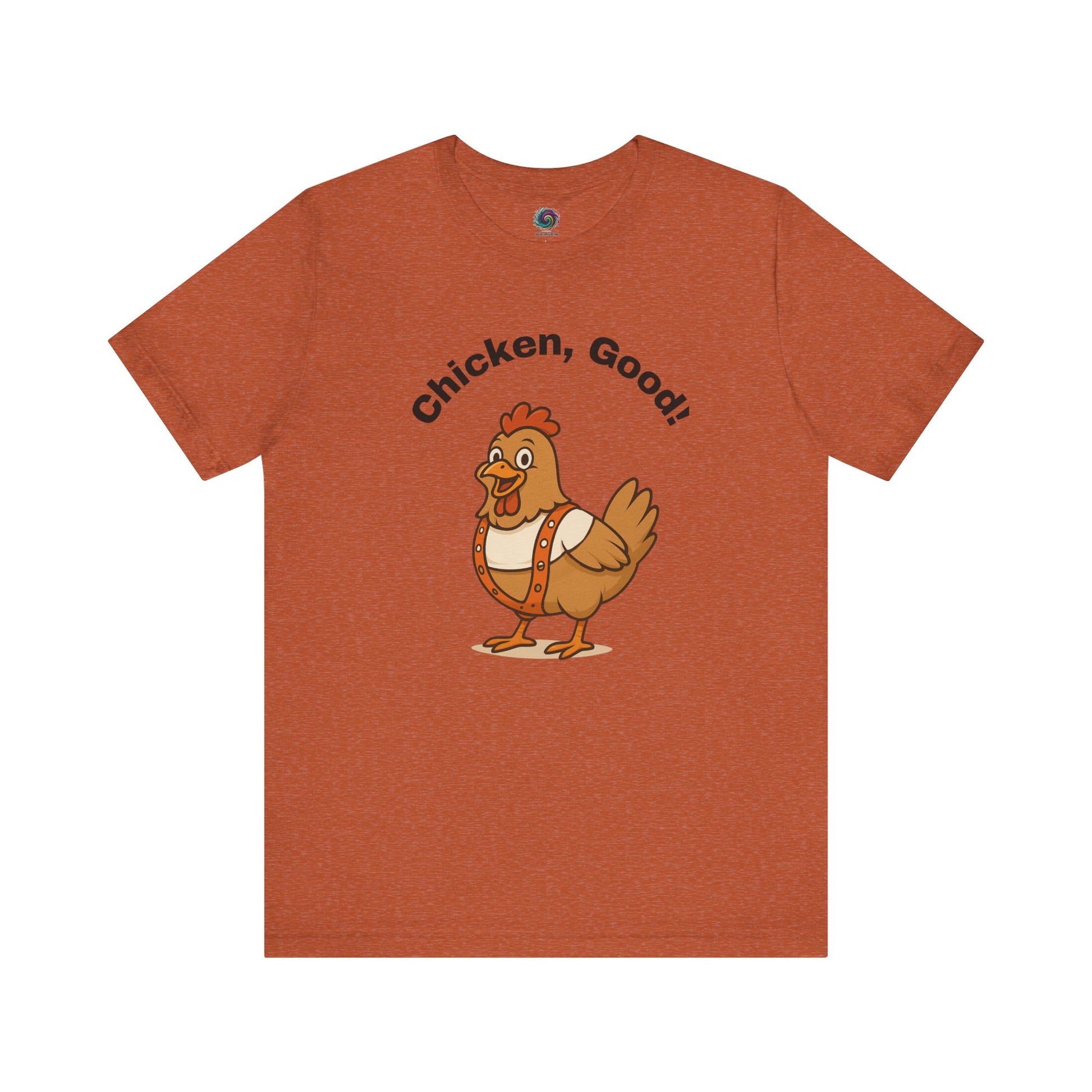 Chicken Good T-Shirt – Sci-Fi Divine Being Parody Chicken Tee in warm heather autumn color with quirky illustrated sci-fi inspired chicken wearing a white shirt and orange suspenders