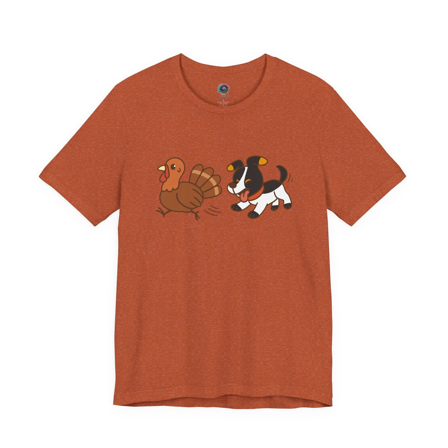 Dog Chasing Turkey T-Shirt – Funny Thanksgiving Dog Tee in heather autumn with cute cartoon design