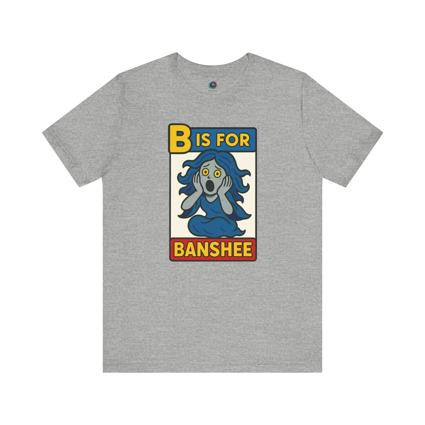 Flat lay of B is for Banshee T-Shirt in Athletic Heather with cute banshee cartoon for Halloween alphabet series
