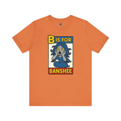 Funny B is for Banshee T-Shirt in Burnt Orange featuring adorable comic-style banshee graphic design