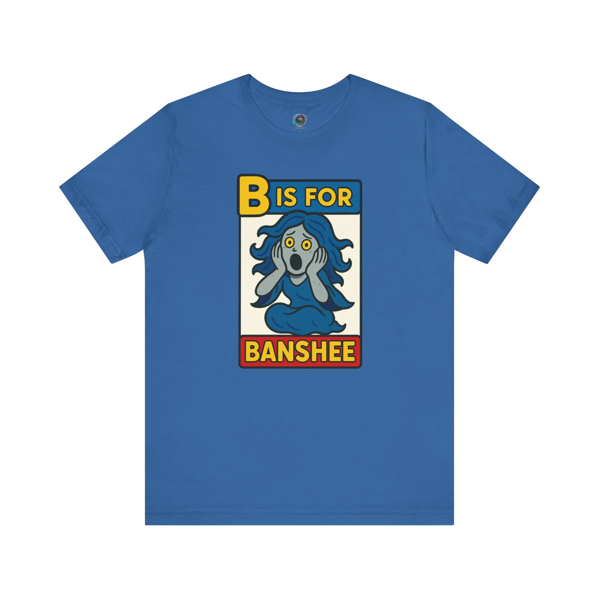 Columbia Blue B is for Banshee T-Shirt with adorable spooky banshee art for alphabet-themed Halloween tee