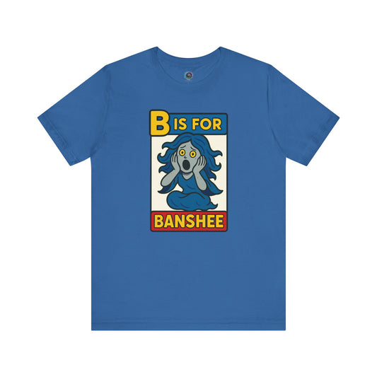 Columbia Blue B is for Banshee T-Shirt with adorable spooky banshee art for alphabet-themed Halloween tee