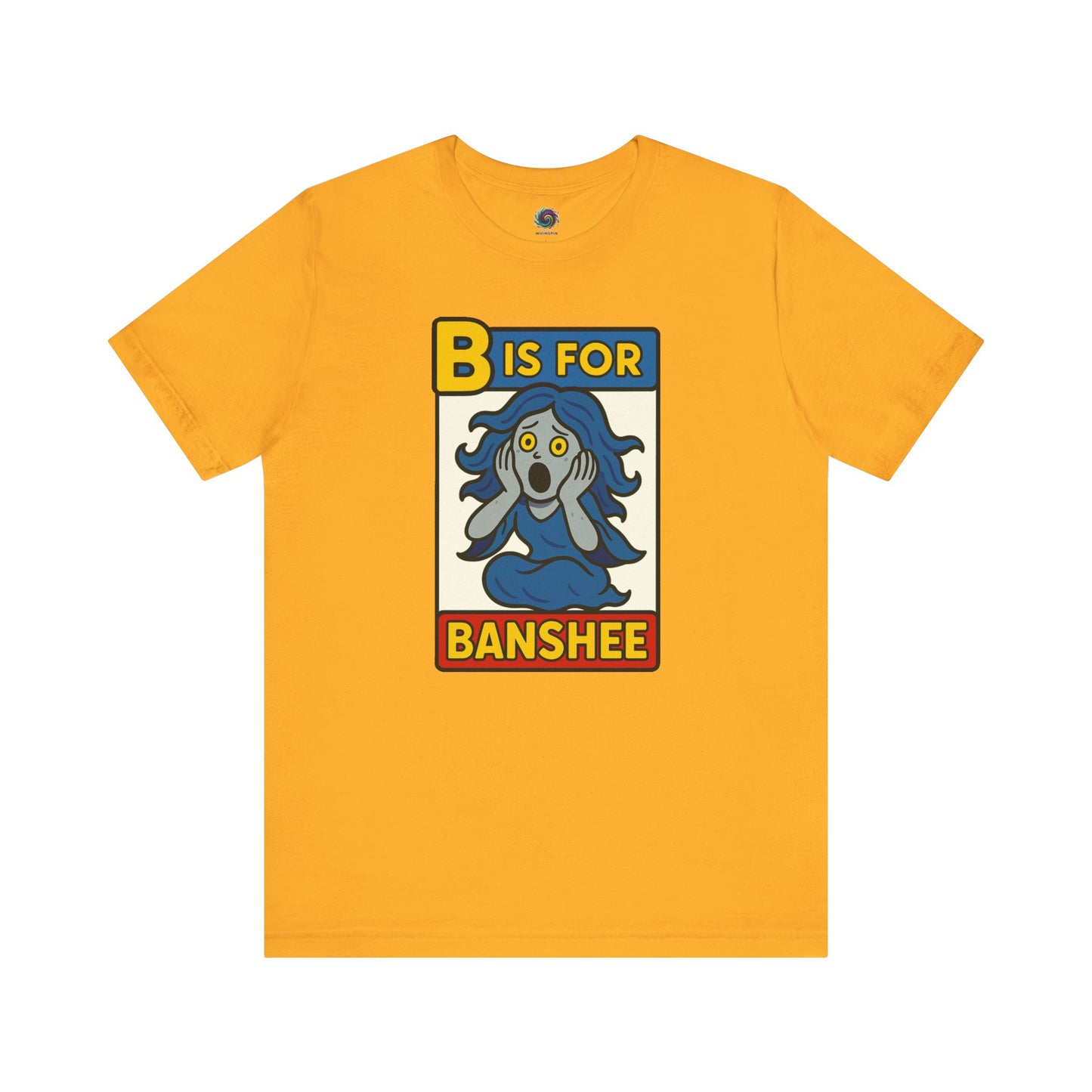 Flat lay of B is for Banshee Shirt in Gold with bold yellow background and spooky cute banshee illustration