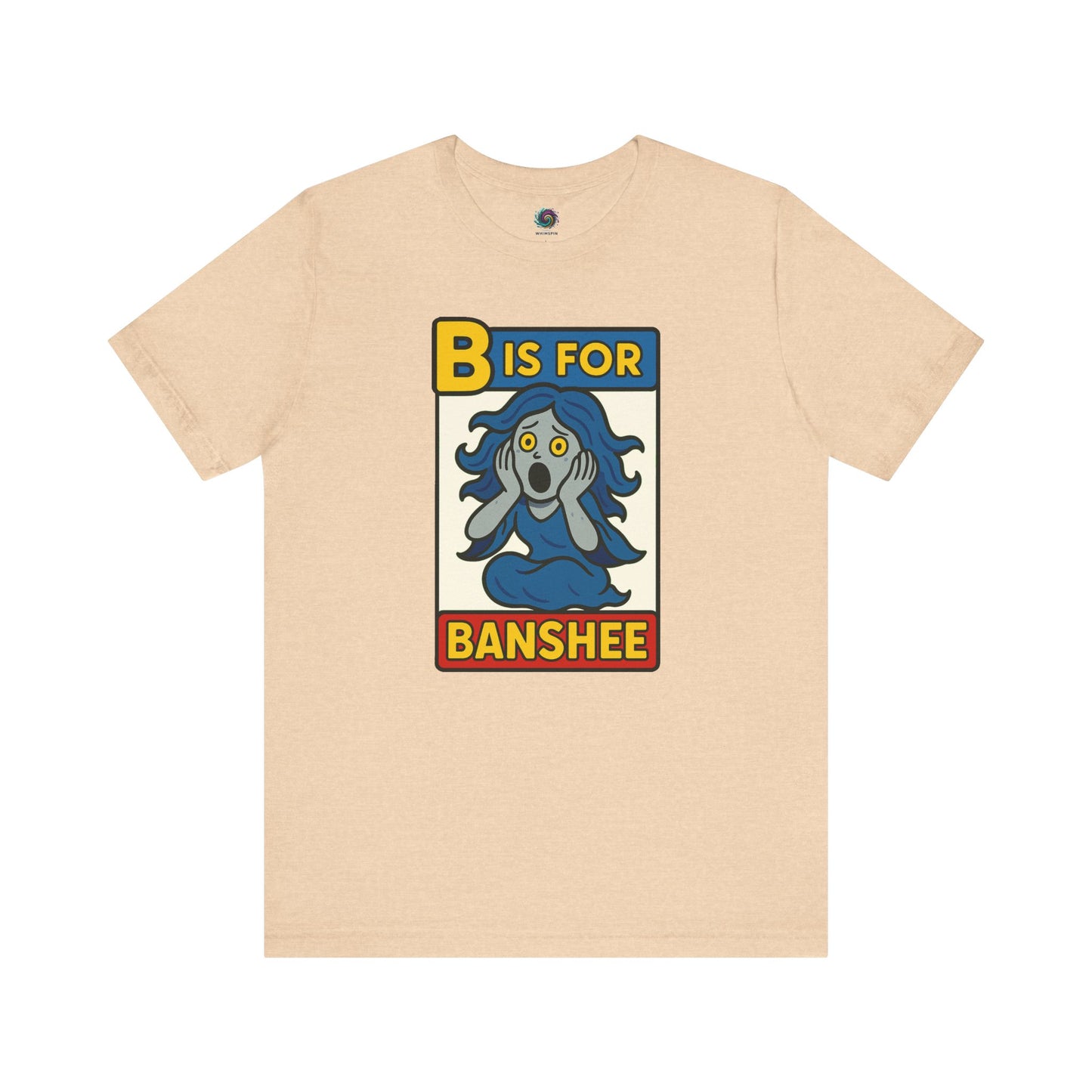 Heather Sand Dune shirt flat lay with B is for Banshee cute and spooky banshee design for Halloween lovers