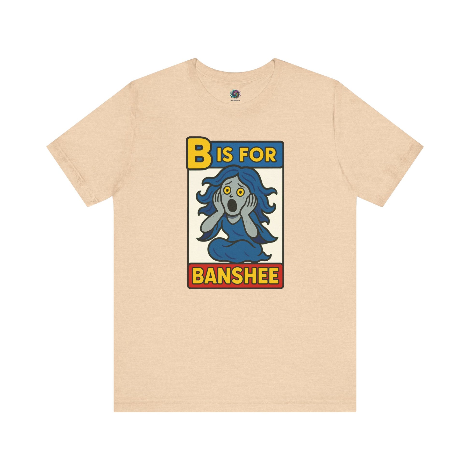 Heather Sand Dune shirt flat lay with B is for Banshee cute and spooky banshee design for Halloween lovers