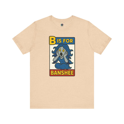 Heather Sand Dune shirt flat lay with B is for Banshee cute and spooky banshee design for Halloween lovers