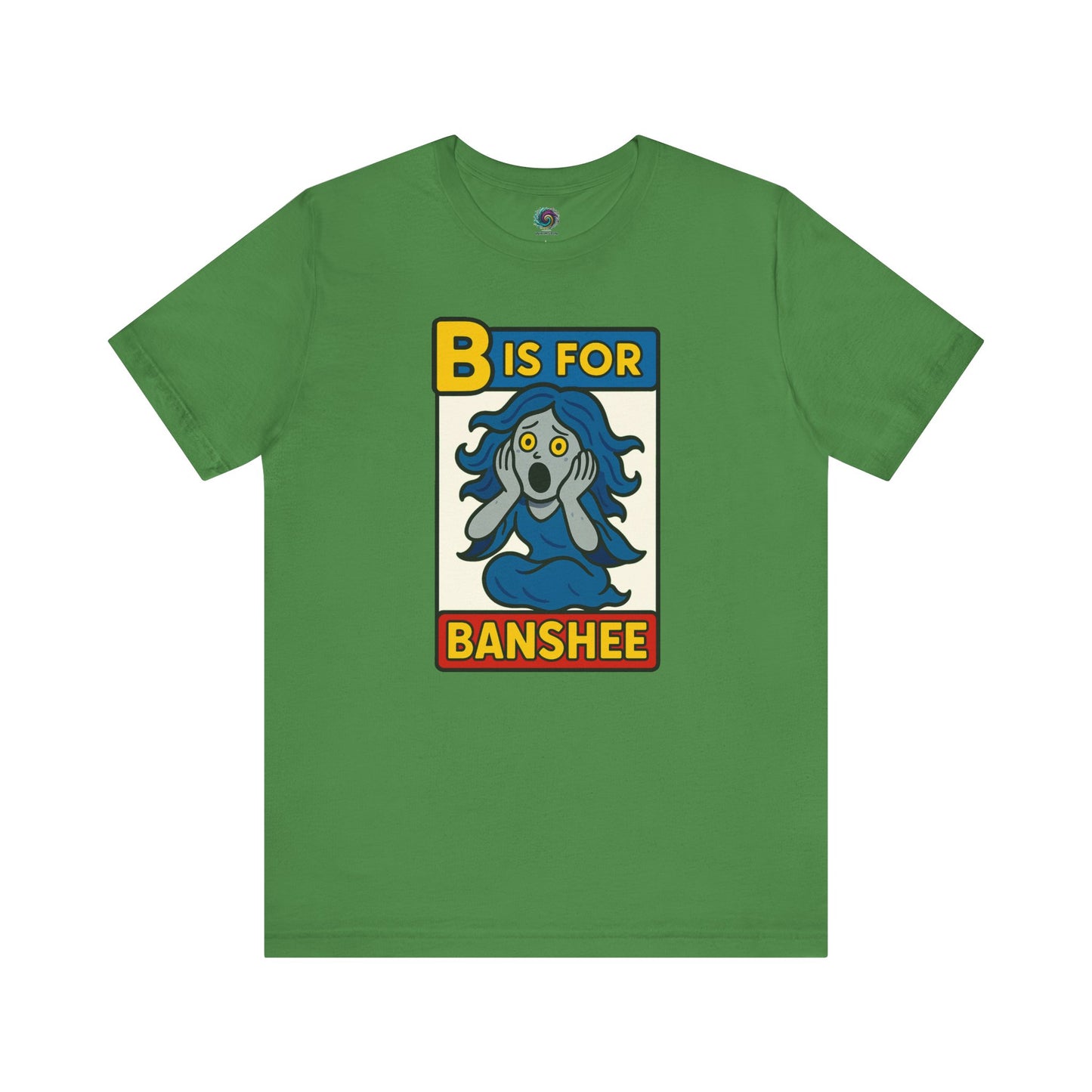 B is for Banshee Tee in Leaf green with charming Halloween banshee character from the alphabet shirt series