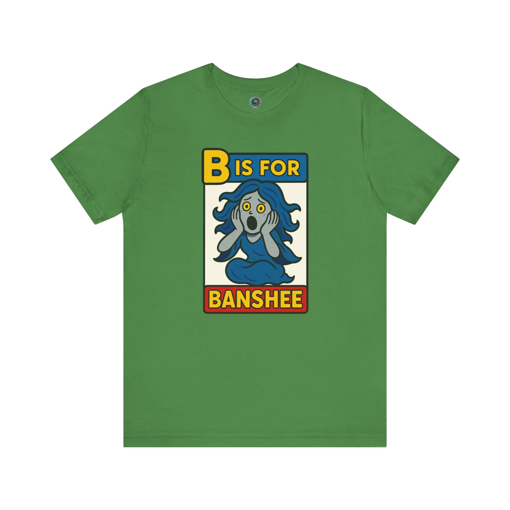 B is for Banshee Tee in Leaf green with charming Halloween banshee character from the alphabet shirt series