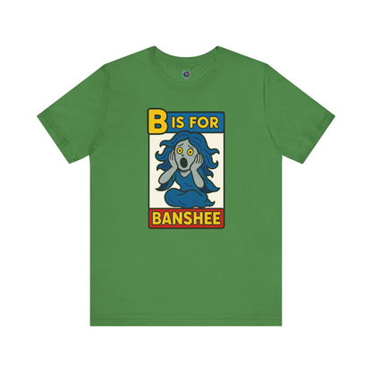 B is for Banshee Tee in Leaf green with charming Halloween banshee character from the alphabet shirt series
