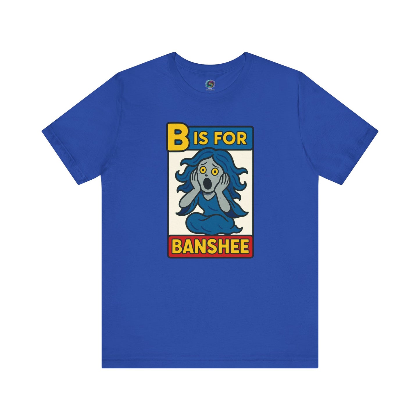 True Royal blue B is for Banshee T-Shirt featuring whimsical banshee comic design for Halloween