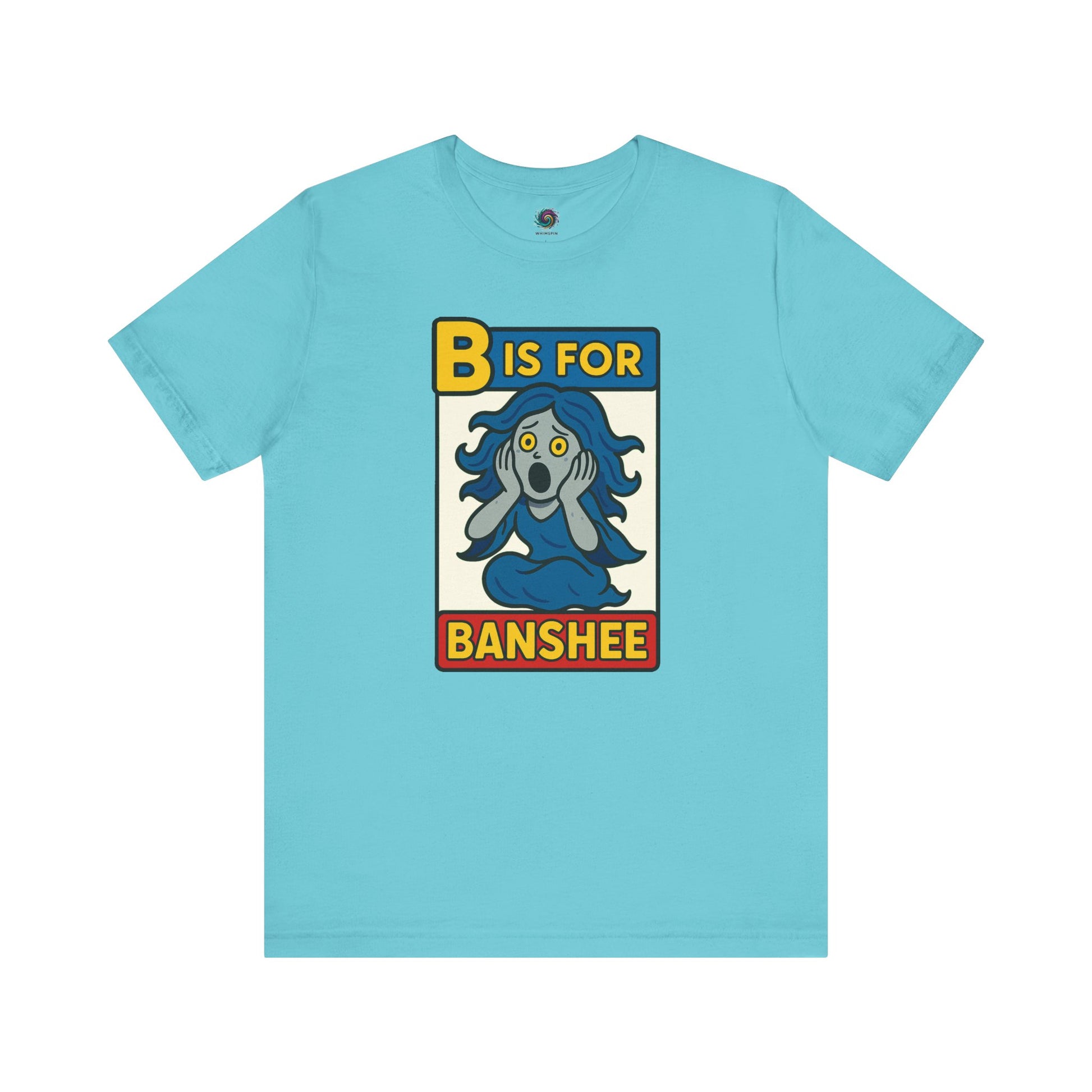 Turquoise B is for Banshee Shirt with playful spooky banshee art from Halloween alphabet collection
