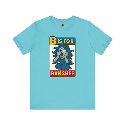 Turquoise B is for Banshee Shirt with playful spooky banshee art from Halloween alphabet collection