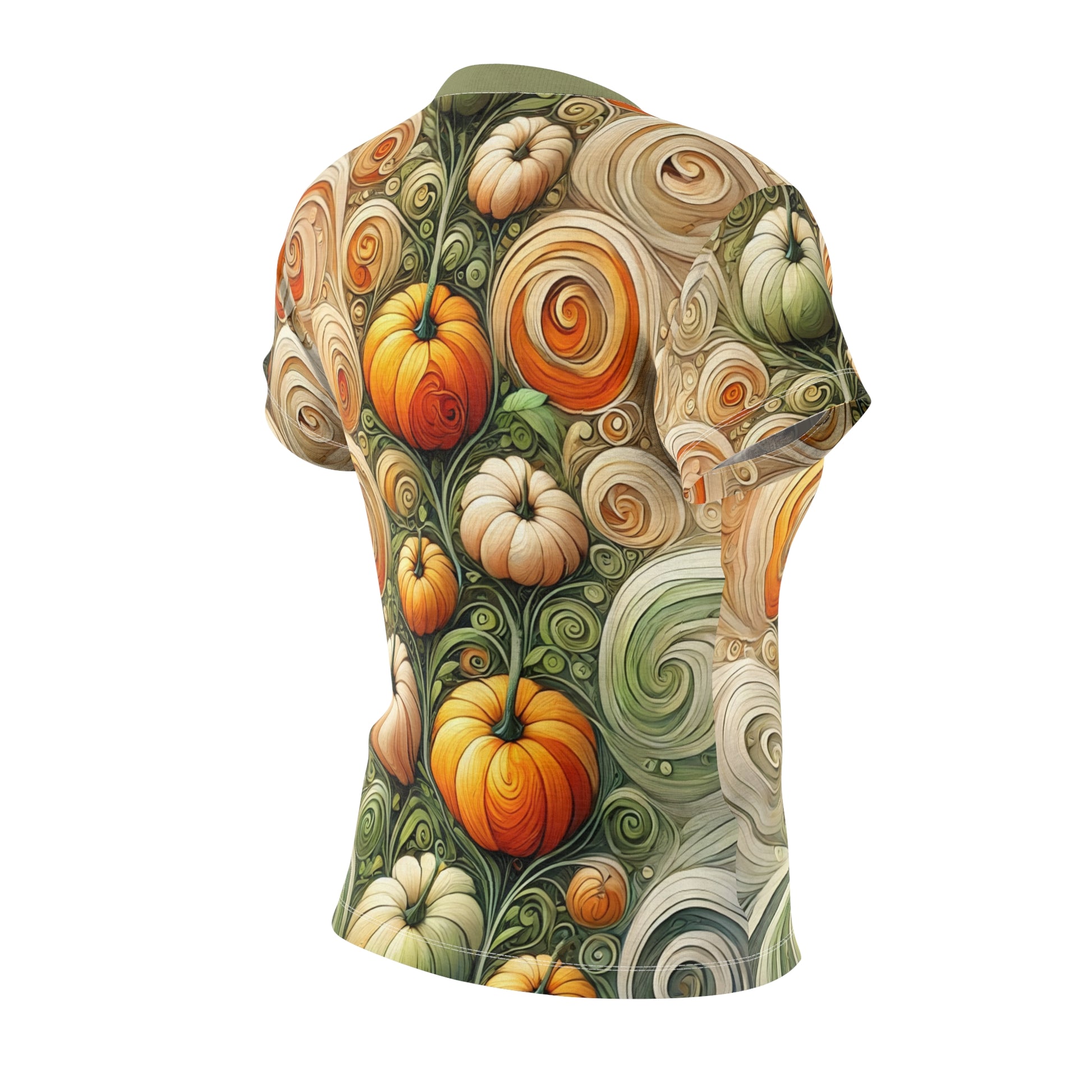 Pumpkin Swirl All-Over Print Women’s T-Shirt – Fall Art Tee displaying the full back pattern of swirling pumpkins and vines in warm autumn colors.