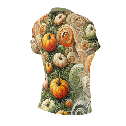 Pumpkin Swirl All-Over Print Women’s T-Shirt – Fall Art Tee displaying the full back pattern of swirling pumpkins and vines in warm autumn colors.
