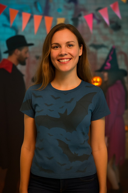 Woman wearing the Bats in the Sky Women’s AOP Shirt – Night Sky Bat All-Over Print, smiling at a Halloween party with colorful flags and spooky decorations, showcasing bats in the night sky design.