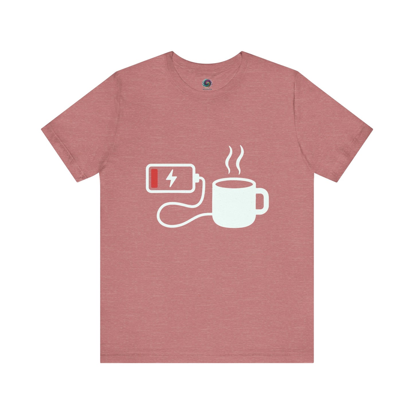 Low Battery Need Coffee T-Shirt in heather mauve, cute and funny gift for exhausted caffeine lovers.