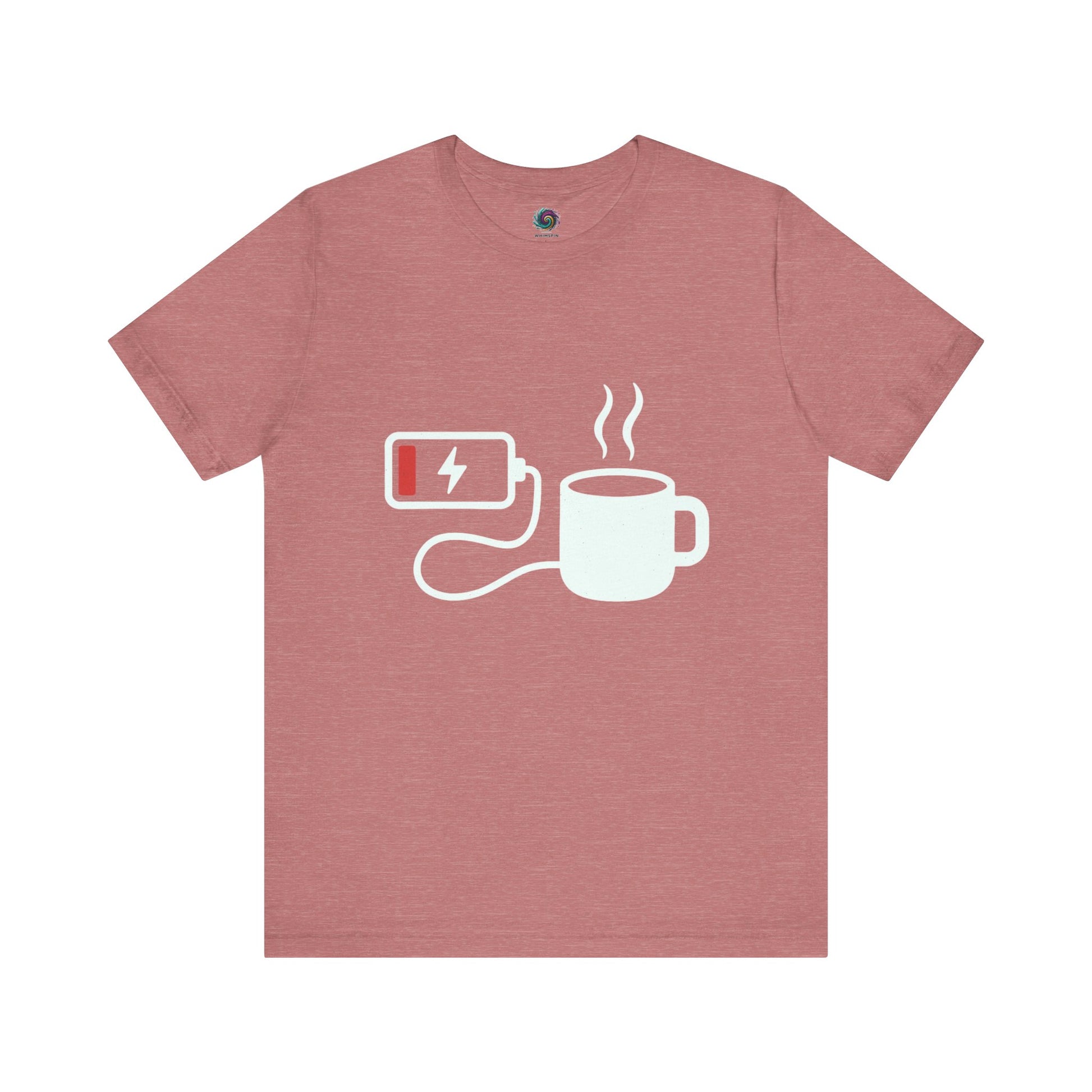 Low Battery Need Coffee T-Shirt in heather mauve, cute and funny gift for exhausted caffeine lovers.