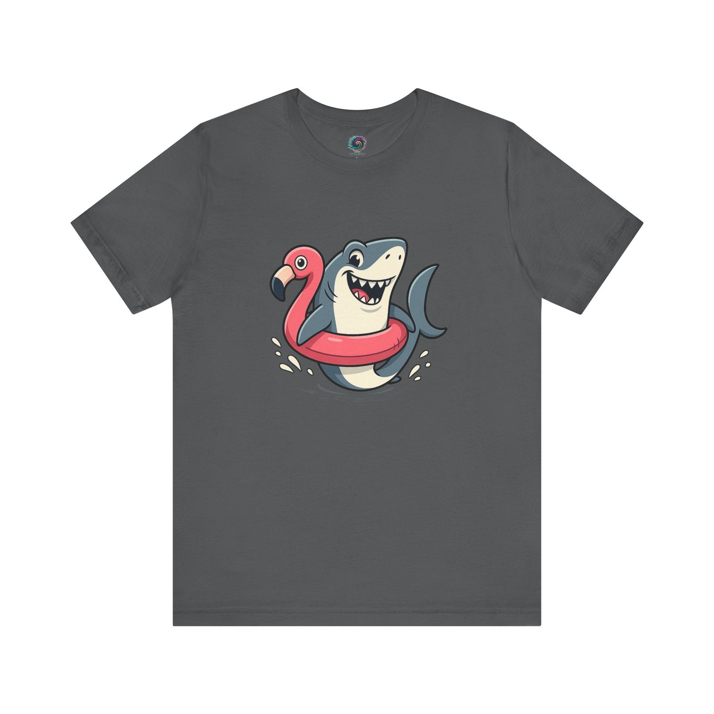 Shark Flamingo Floatie T-Shirt – Funny Beach & Pool Day Tee in asphalt grey featuring cheerful shark in pink floatie