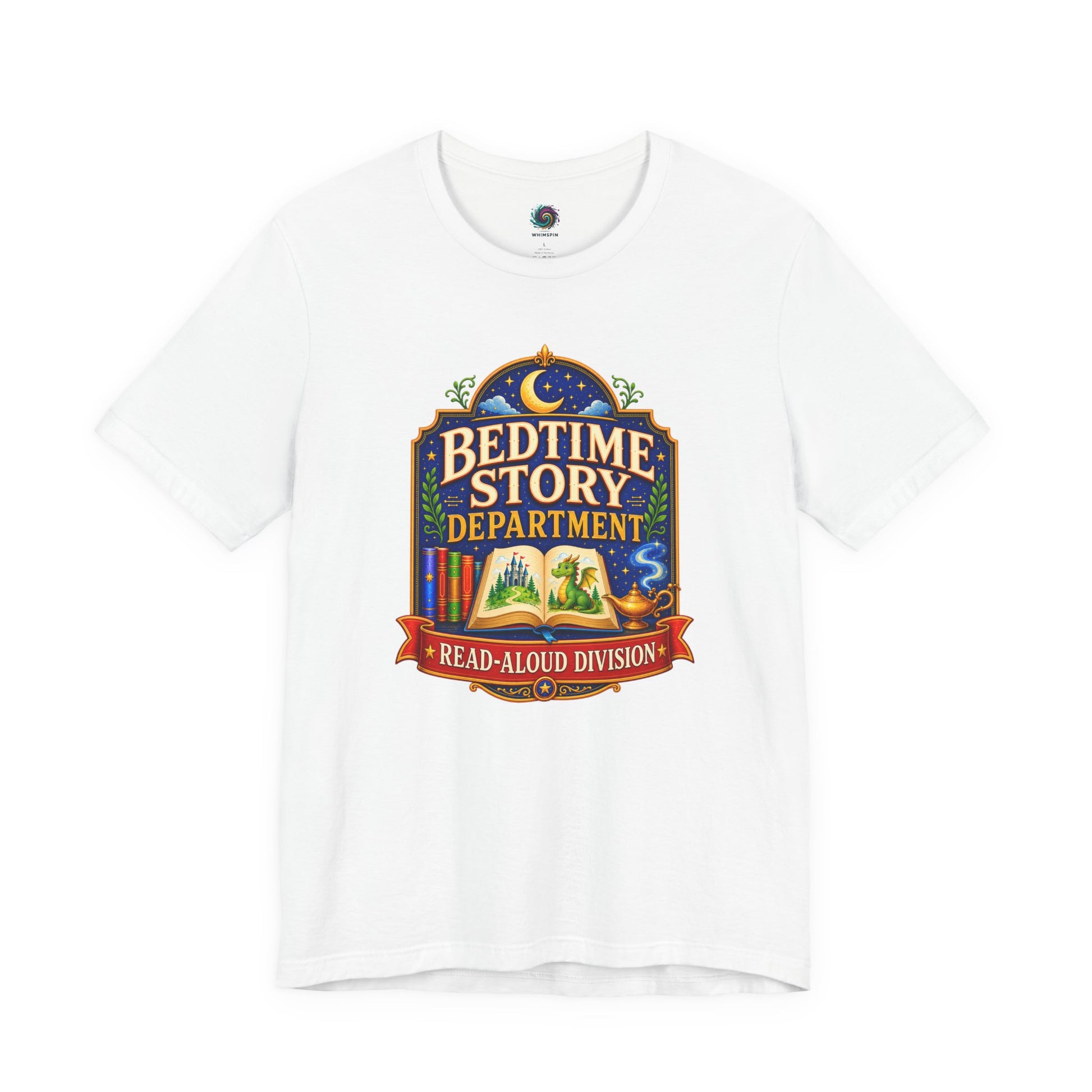 Bedtime Story Department T-Shirt – Read-Aloud Parent Tee on white with a clean storytime design for parents and babysitters.