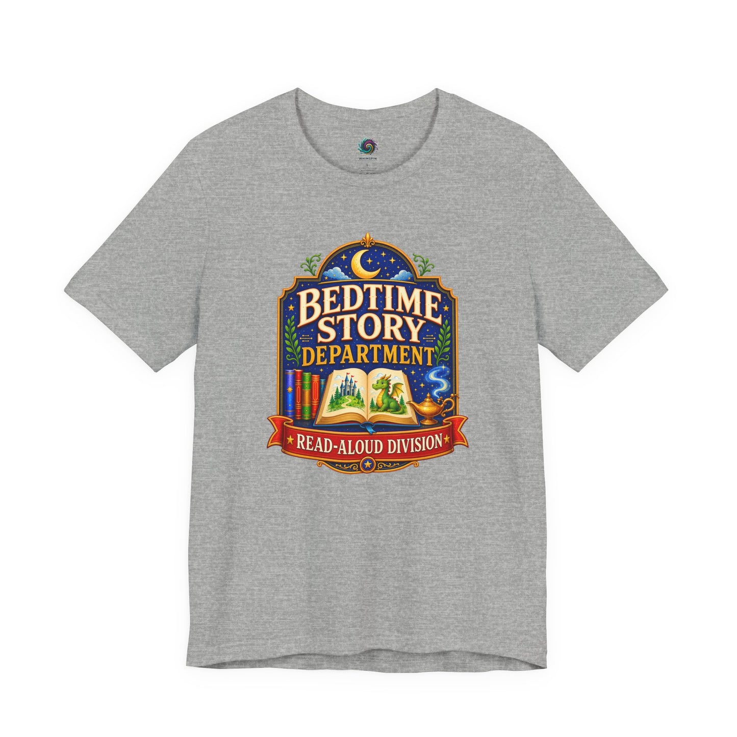 Bedtime Story Department T-Shirt – Read-Aloud Parent Tee shown on athletic heather for parents, grandparents, and caregivers who make story time magical.