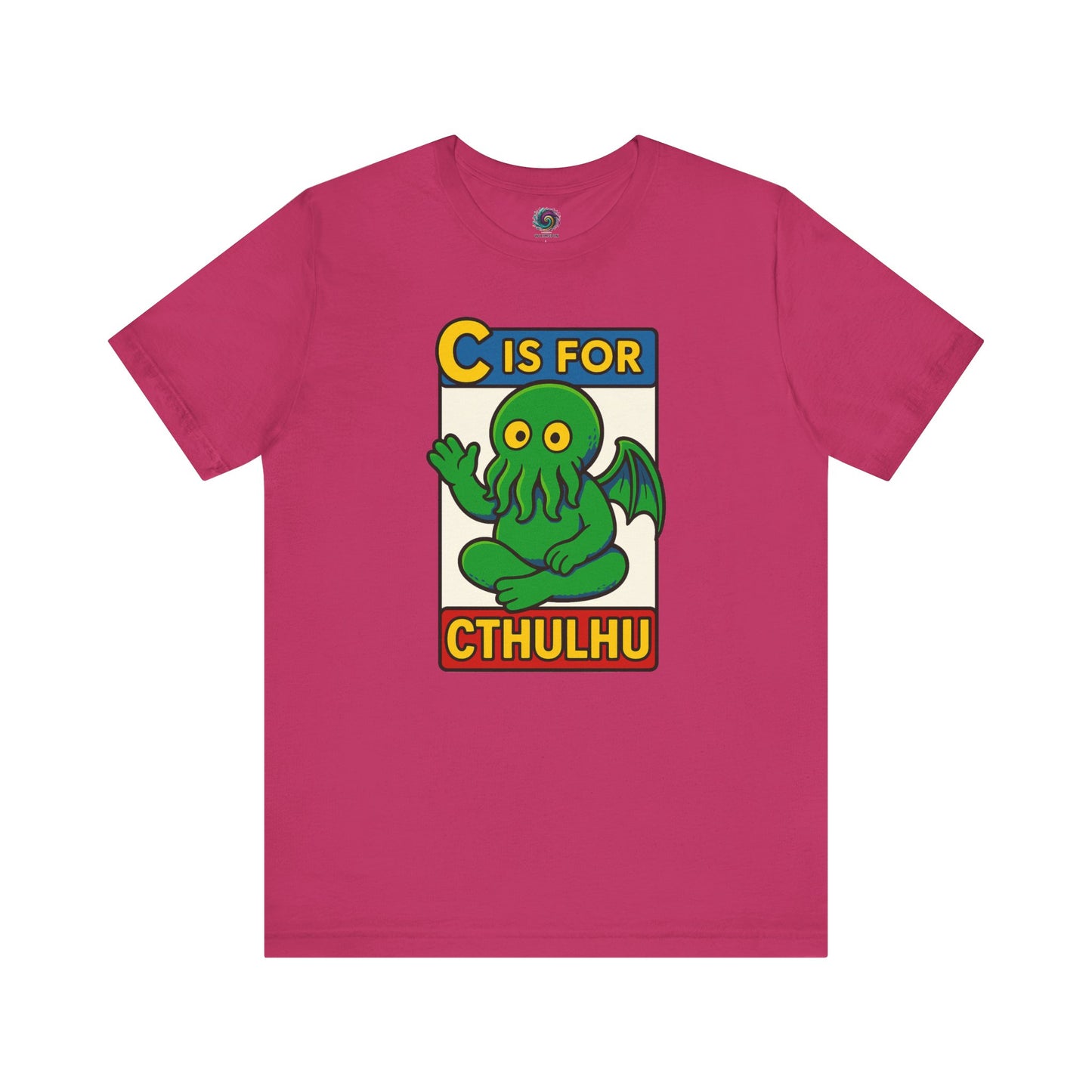 C is for Cthulhu T-Shirt – Lovecraftian Funny Cartoon Tee in berry, flat lay showing cute Cthulhu artwork in monster alphabet style.