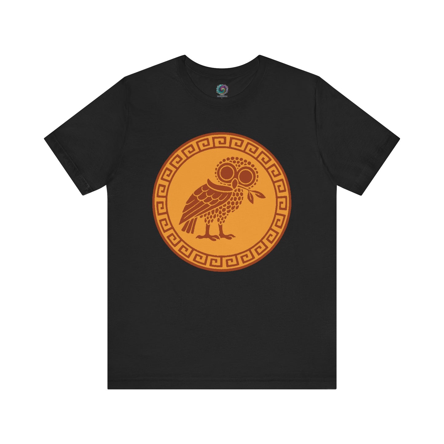 Black Athena’s Owl T-Shirt WhimSpin  on a white background