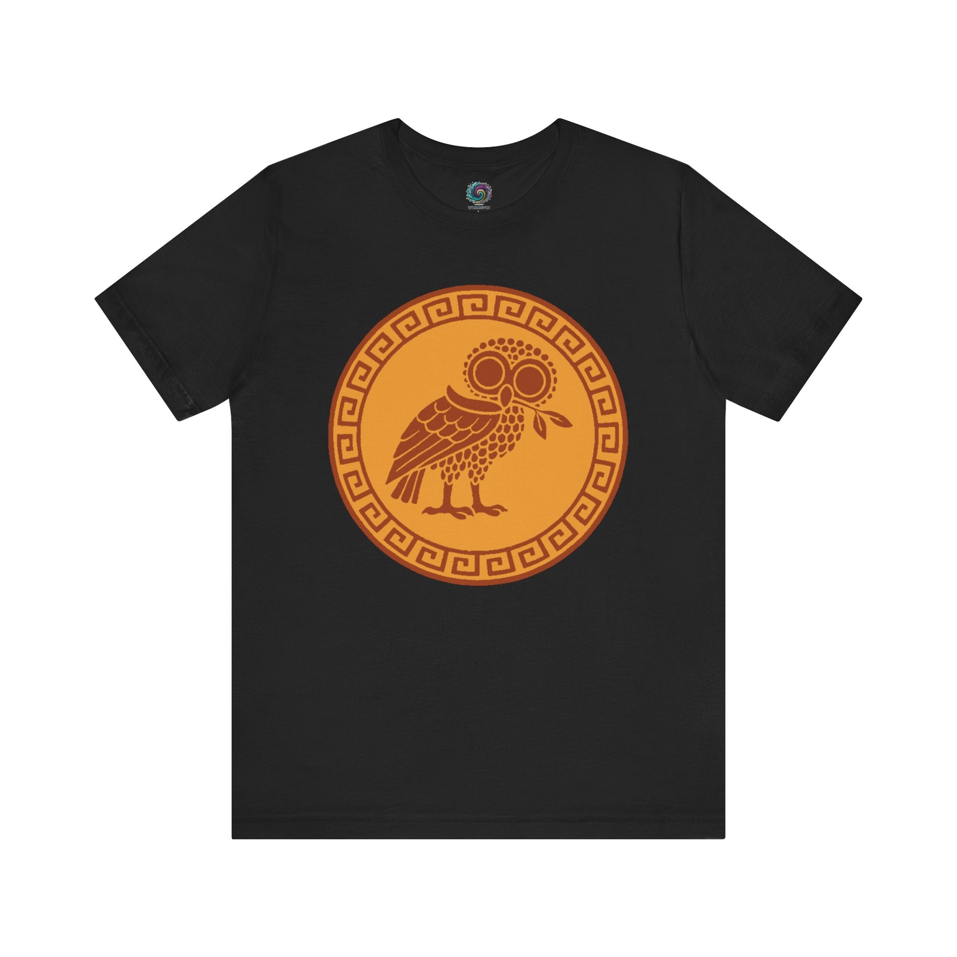 Black Athena’s Owl T-Shirt WhimSpin  on a white background