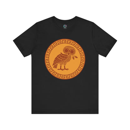 Black Athena’s Owl T-Shirt WhimSpin  on a white background