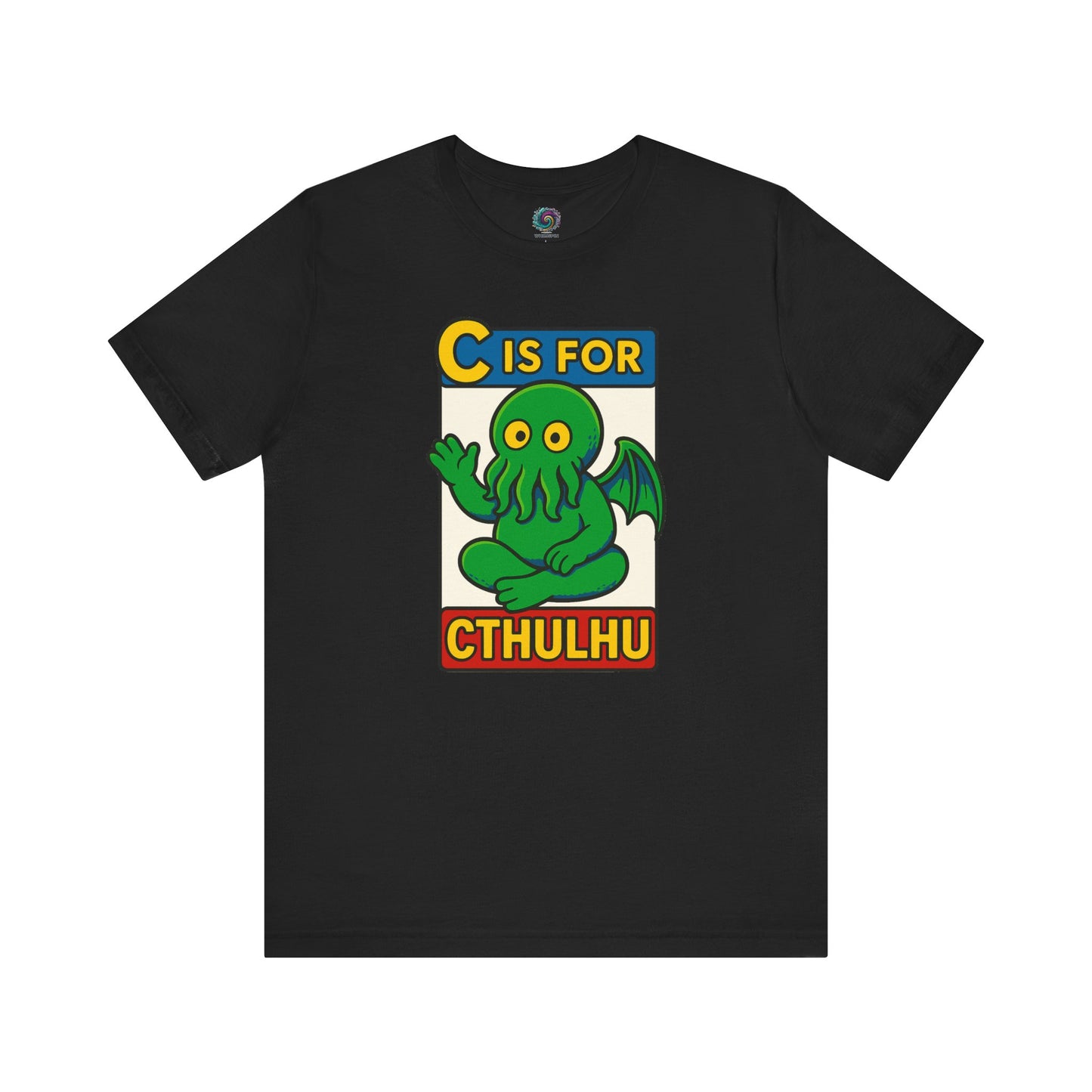 C is for Cthulhu T-Shirt – Lovecraftian Funny Cartoon Tee in black, flat lay highlighting playful Cthulhu cartoon artwork.