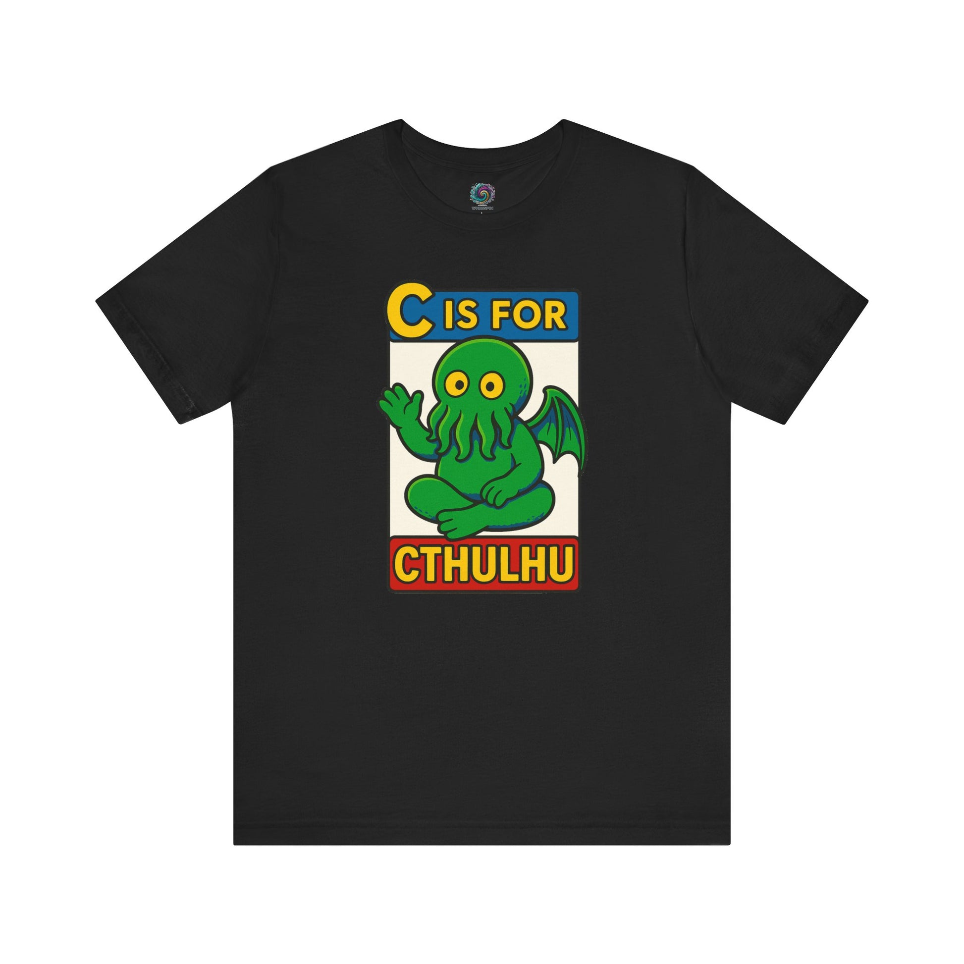 C is for Cthulhu T-Shirt – Lovecraftian Funny Cartoon Tee in black, flat lay highlighting playful Cthulhu cartoon artwork.