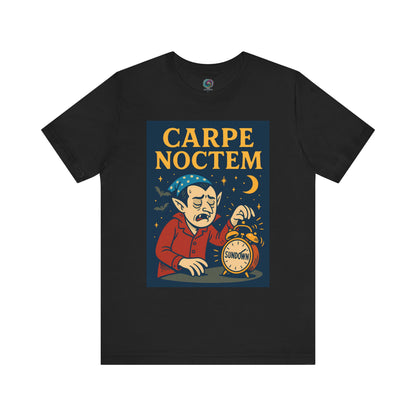 Black t-shirt with a graphic of a vampire with an alarm clock and 'Carpe Noctem' text on a white background