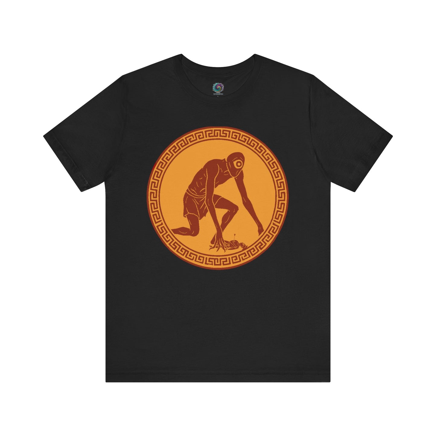 Black t-shirt with a central red and gold circular design featuring a stylized image of Polyphemus, Cyclops from The Odyssey 
