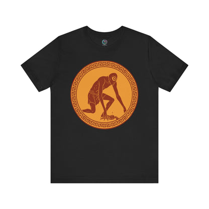 Black t-shirt with a central red and gold circular design featuring a stylized image of Polyphemus, Cyclops from The Odyssey 