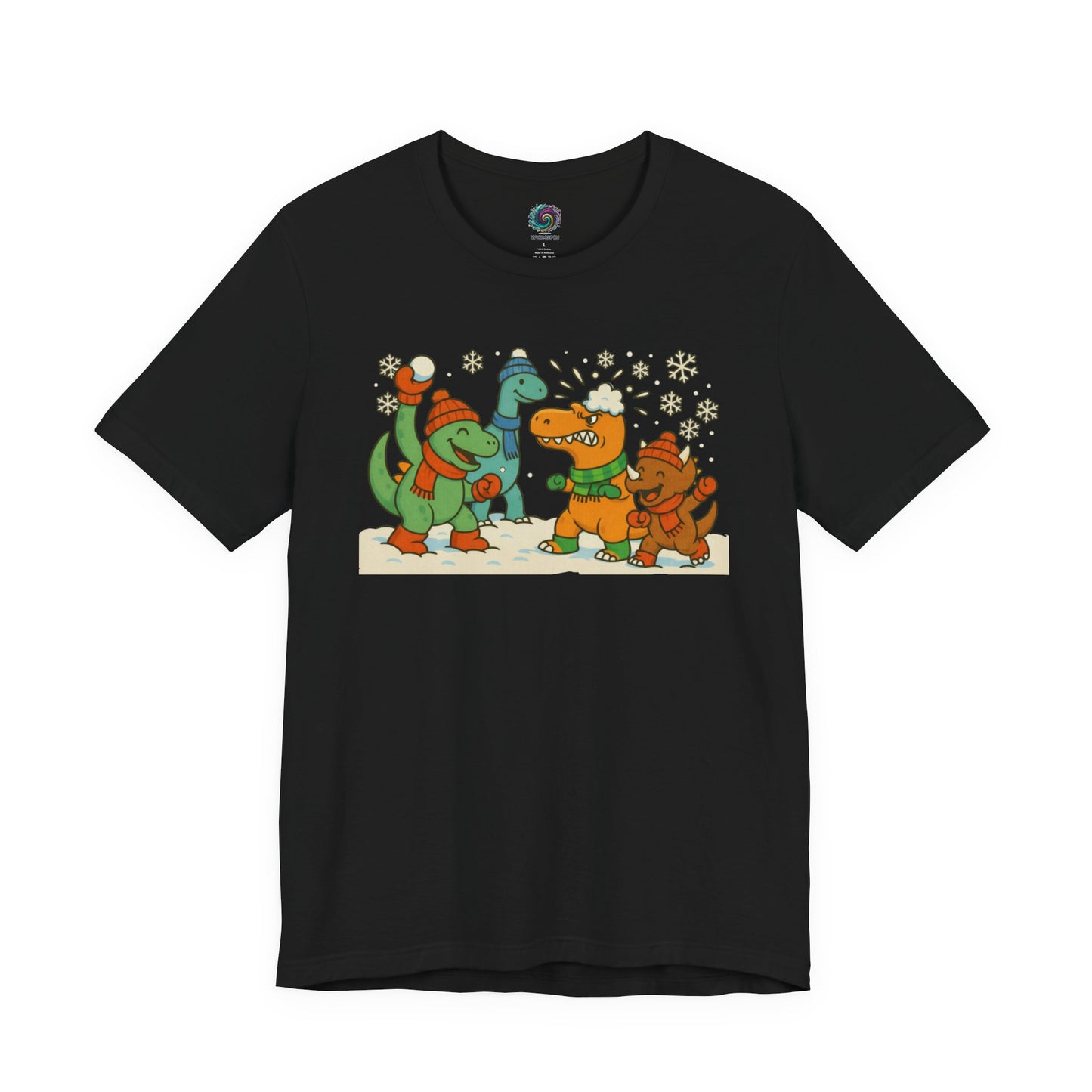 the Dinosaur Snowball Fight T-Shirt – Funny Winter Dino Graphic Tee in Black, showcasing the colorful dinosaur snowball battle artwork.