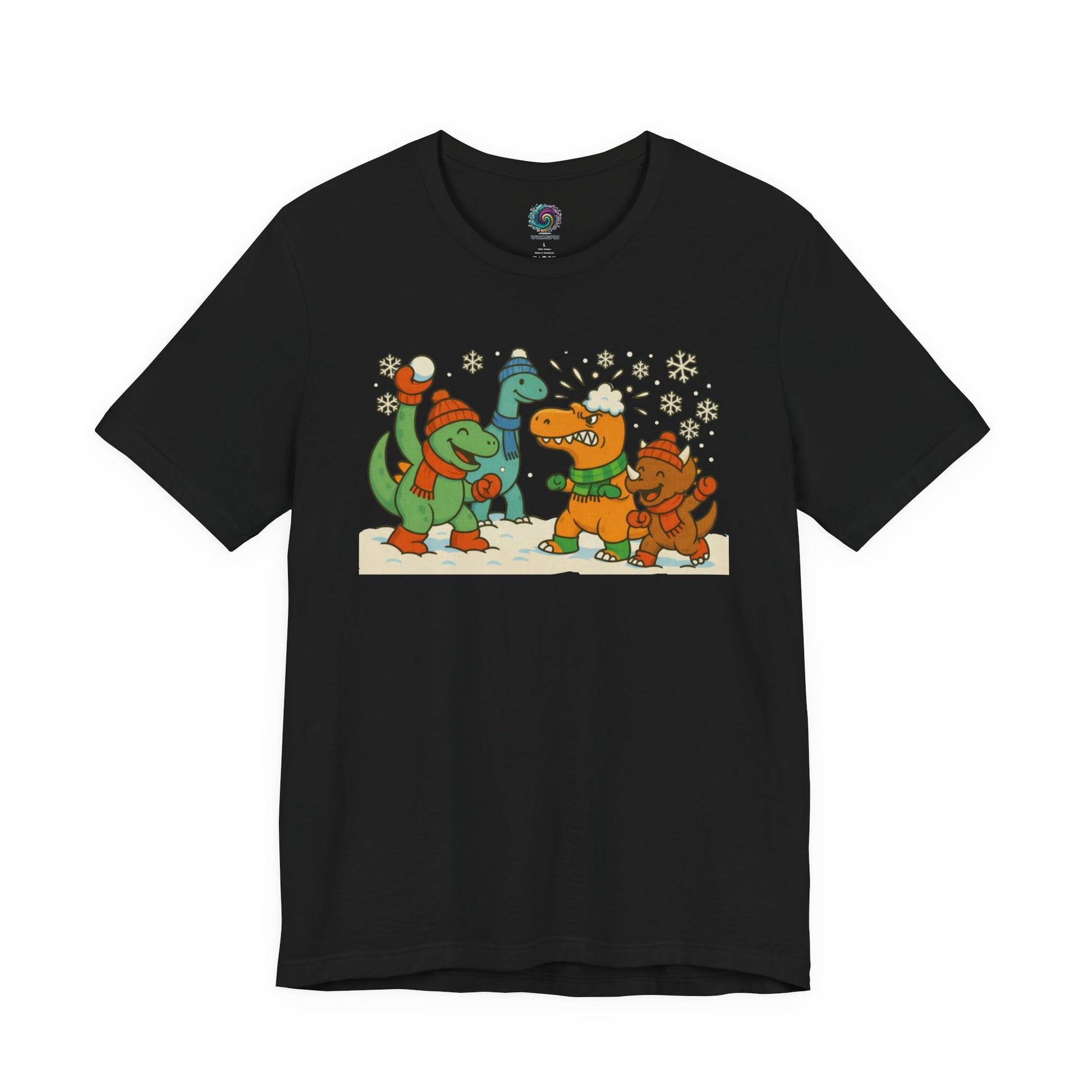 the Dinosaur Snowball Fight T-Shirt – Funny Winter Dino Graphic Tee in Black, showcasing the colorful dinosaur snowball battle artwork.