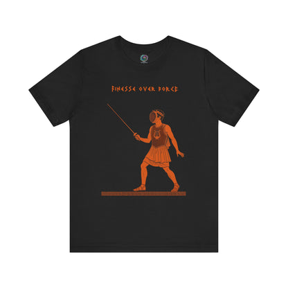 Black Finese Over Force Fencing T-Shirt by WhimSpin. Terracotta cotta red image in the style of ancient greek amphora of Apollo holding a fencing foil and wearing a fencing mask with the words "Finese Over Force" written over his head. 