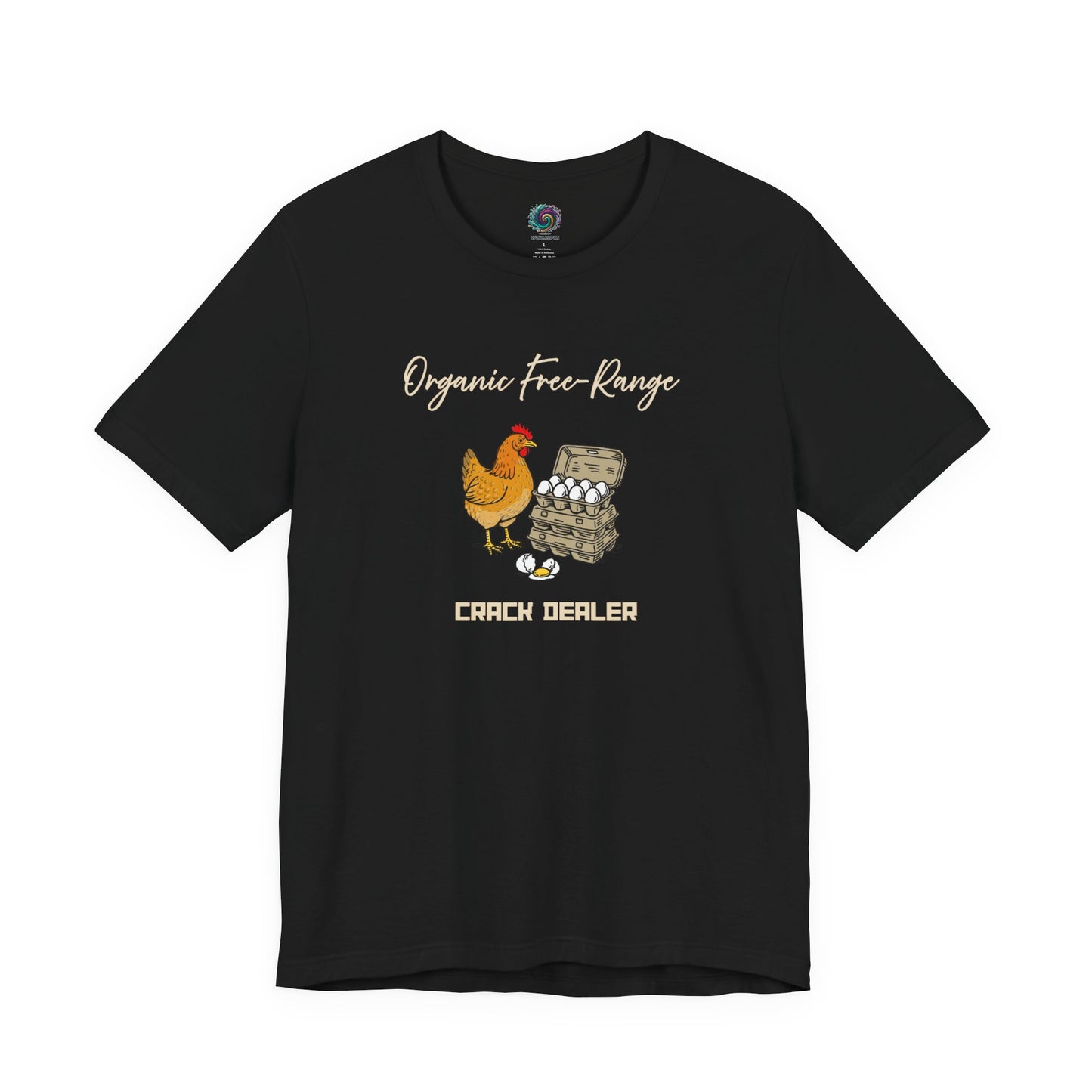 Image of the Funny Egg Dealer Chicken Shirt – Farm Humor for Chicken Moms in Black, highlighting the bold chicken illustration and egg dealer joke graphic centered on the shirt.