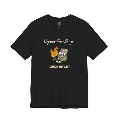 Image of the Funny Egg Dealer Chicken Shirt – Farm Humor for Chicken Moms in Black, highlighting the bold chicken illustration and egg dealer joke graphic centered on the shirt.