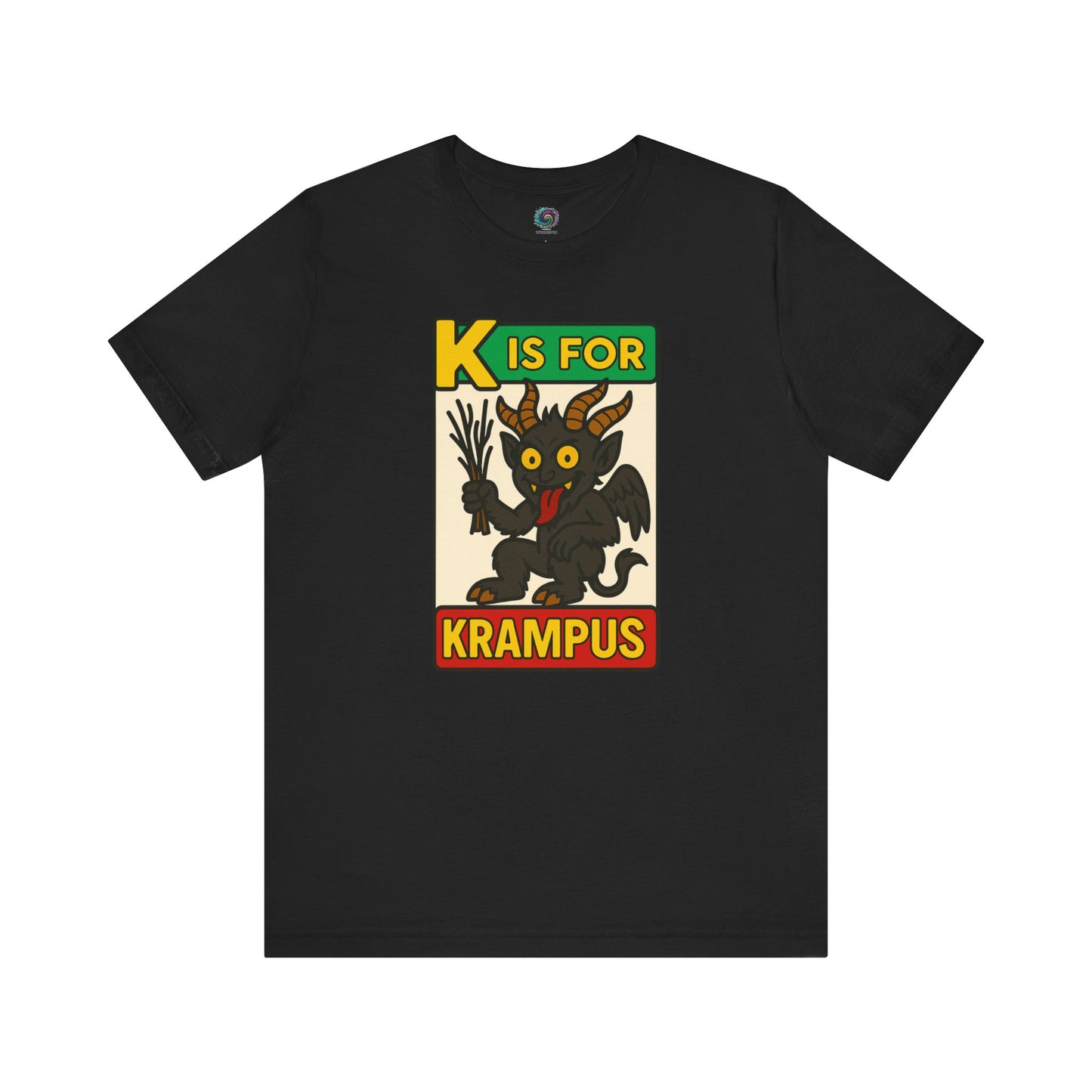 K is for Krampus Alphabet Holiday Graphic T-Shirt in Black flat lay with bold monster alphabet design