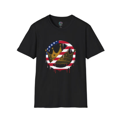 Black No Kings Protest T-Shirt from WhimSpin with a graphic design featuring a crown with the "no" slashed circle symbol drawn in an American flag pattern on a white background