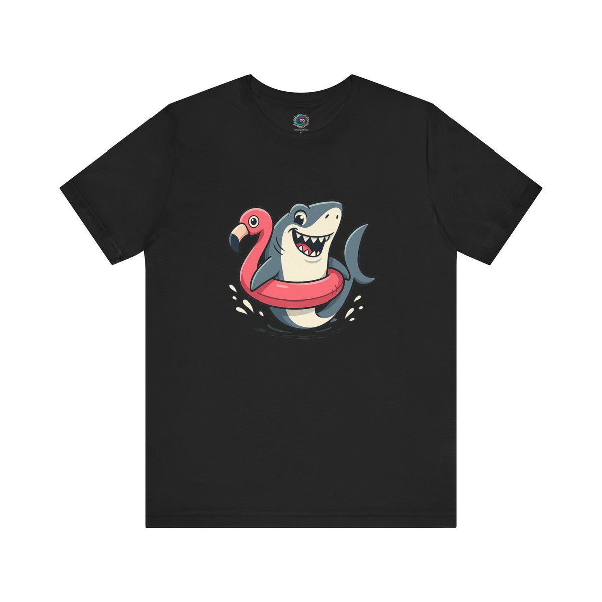 Shark Flamingo Floatie T-Shirt – Funny Beach & Pool Day Tee  Black version with cartoon summer design