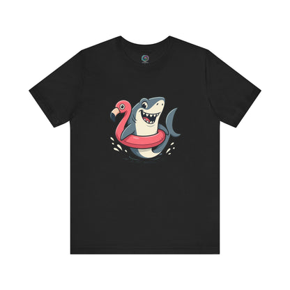 Shark Flamingo Floatie T-Shirt – Funny Beach & Pool Day Tee  Black version with cartoon summer design