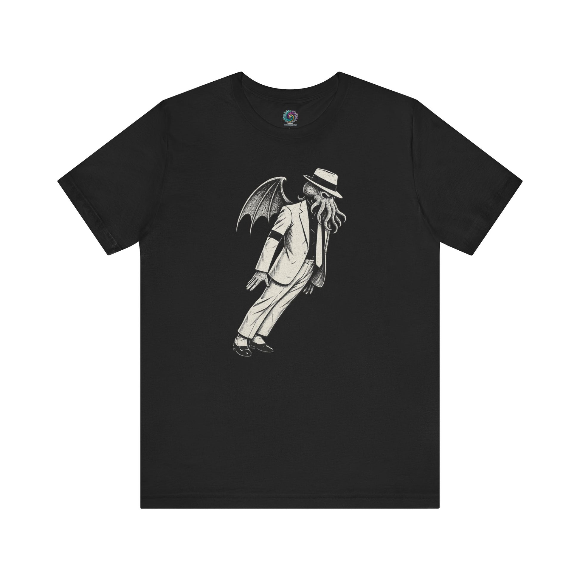 Smooth Cthulhu Unisex T-Shirt – Lovecraft Meets Smooth Criminal Style in black, flat lay featuring Cthulhu Michael Jackson mash-up artwork.