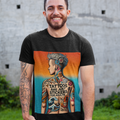 A man with tattoos on his arm wearing a black Tattoos Are Just Stickers For Adults graphic tee from WhimSpin stands outside on grass